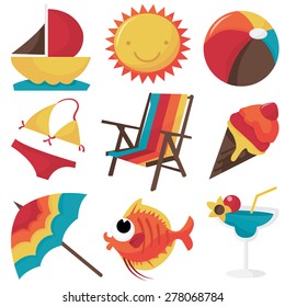 A set of cute seaside clip arts cartoon vector illustration.
