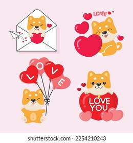 Set of cute Shaiba Dog in love for Valentine day. Animal cartoon style.
