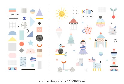 Set of cute shapes and baby elements. Different creative and fun graphic items. Poster for kids. Vector