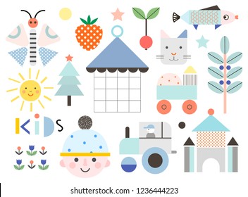 Set of cute shapes and baby elements. Different creative and fun graphic items. Poster for kids. Vector