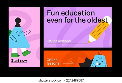 Set of cute shapes banners for Ad, poster, landing page for startup or courses. Online education