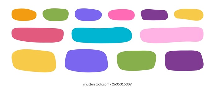 Set of cute shapes in doodle style. Organic forms for text boxes, tags, speech or message bubbles isolated on white background. Hand drawn asymmetric geometric figures. Vector flat illustration.