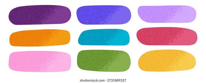 Set of cute shapes in doodle style with grunge texture. Text boxes, labels, tags or speech bubbles isolated on white background. Hand drawn asymmetric geometric forms. Vector flat illustration.