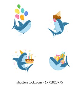 Set Cute Shark Character with Balloon, Eating Ice Cream, Blow Candles on Cake and Carry Gifts Isolated on White Background. T-shirt Print, Funny Underwater Predator Animal. Cartoon Vector Illustration