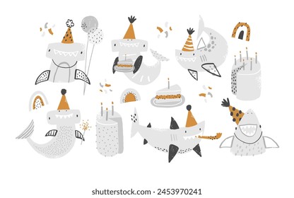 A set of cute sharks in festive caps, cake with candles, confetti, rainbows and bengal lights. Vector illustration. Cliparts for decorating children's birthday party, invitations, cards, baby shower.