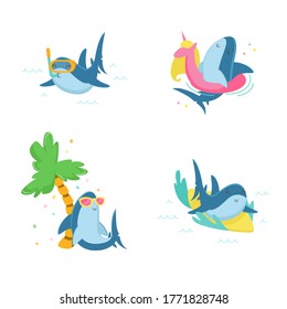 Set of Cute Sharks Snorkeling, Float Inflatable Ring, Relax under Pam Tree and Riding Surf Board on Sea Waves. T-shirt Print, Funny Underwater Predator Animal Character. Cartoon Vector Illustration