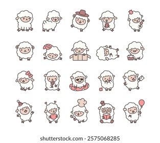 Set of cute sheep cartoon characters with various accessories and poses, including hearts, cake, balloon and creative elements like fairy wand, chef hat, and party themes