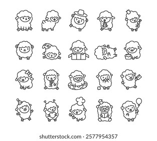 Set of cute sheep cartoon characters with various accessories and poses, including hearts, cake, balloon and creative elements like fairy wand, chef hat, and party themes