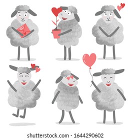 Set of cute sheep characters with different love emotions in different poses. Vector illustration on a white background. Love emotions. 