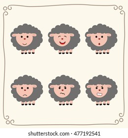 Set of cute sheep in different emotions in cartoon style.