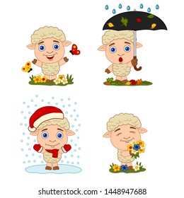 Set of cute sheep in different seasons - summer, autumn, winter, spring