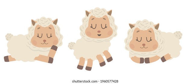 Set of Cute sheep in flat style. Nursery animal character. isolated on white background. Vector illustration. Cartoon lamb.