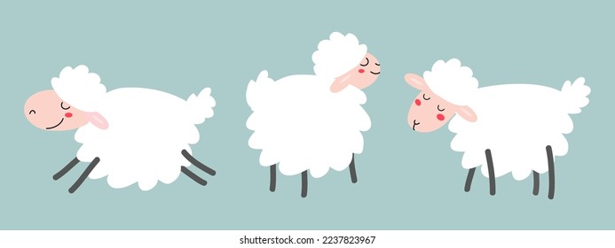 Set of cute sheep. Funny farm animals in different poses.  Happy white lambs, cartoon characters. Hand drawn vector illustration, flat design