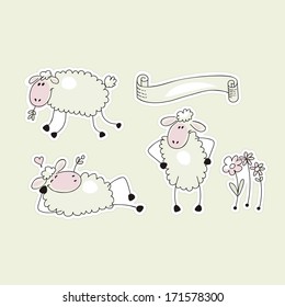 Set with cute sheep in funny situations and banner