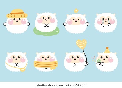 Set of cute sheep round shape pastel in various poses and feeling on background.Farm animal character cartoon design collection.Kawaii.Vector.illustration.