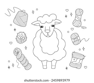 Set with cute sheep and skeins of yarn. Doodle outline vector black and white illustration.