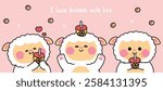 Set of cute sheep in various poses with bubble milk tea.Sweet.Farm animal character cartoon.Image for card,sticker,baby clothing,print screen.Kawaii.Vector.Illustration.