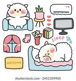 Set of cute sheep various poses in living room concept.Farm animal character cartoon design.Bed,book,sofa,television,air conditioner drawn collection.Home.House.Kawaii.Vector.Illustration