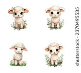 set of cute sheep watercolor illustrations for printing on baby clothes, sticker, postcards, baby showers, games and books, safari jungle animals vector