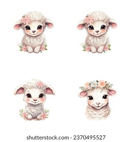 set of cute sheep watercolor illustrations for printing on baby clothes, sticker, postcards, baby showers, games and books, safari jungle animals vector