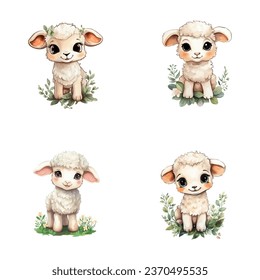 set of cute sheep watercolor illustrations for printing on baby clothes, sticker, postcards, baby showers, games and books, safari jungle animals vector