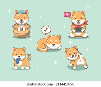 Set of cute shiba inu with different pose