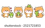 Set of cute shiba inu dog with frog in various poses.Friendship.Love.Japanese pet and reptile animal.Character cartoon design.Kawaii.Vector.Illustration.