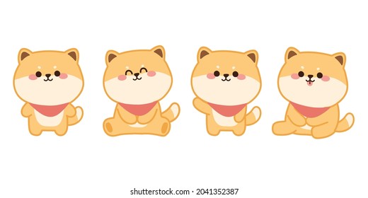 Set of cute shiba inu dog cartoon on white background.Animals character design.Japanese pet.Kid graphic.Collection.Isolated.Image.Art.Asian.Sticker.Mascot.Kawaii.Vector.Illustration.