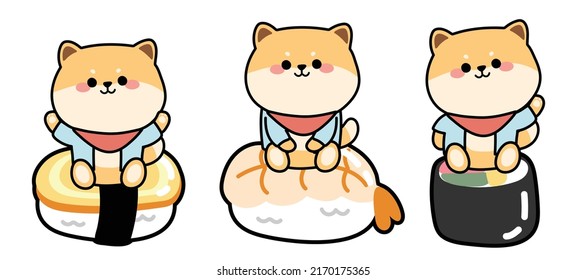 Set of cute shiba inu dog with sushi cartoon.Animal character design.Japanese food.Isolated.Kawaii.Vector.Illustration.