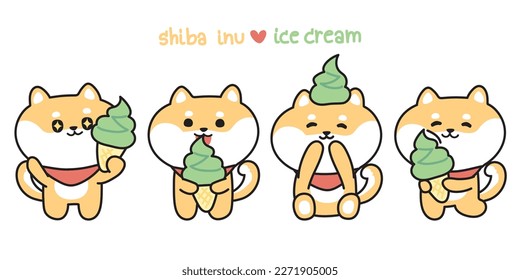 Set of cute shiba inu dog cartoon eat green tea ice cream.Japanese animal pet character design.Dessert.Kawaii.Vector.Illustration.