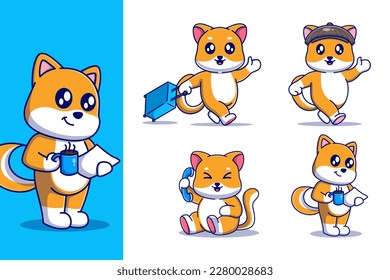 Set of Cute Shiba Inu Dog Business Character Mascot