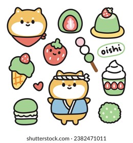 Juego de perros lindos shiba inu con varios postres japoneses con sabor a té verde y dulce. Colección de dibujos animados de personajes de animales de compañía japoneses.Fresa.Kawaii.Vector.ilustración.