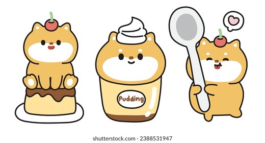 Juego de perros lindos shiba inu en concepto de pudding. Dulce y postre. Colección de dibujos animados de personajes de animales de compañía japoneses. Kawaii.Vector.Ilustración.