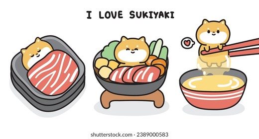 Juego de lindos perros shiba inu en sukiyaki concepto de comida japonesa. Diseño de dibujos animados de animales de compañía japoneses. Carne, huevo fresco crudo. Verduras. Comida asiática. Kawaii.Vector.Ilustración.