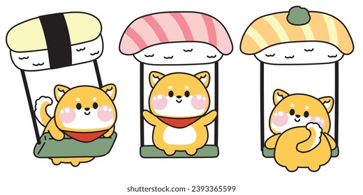 Set of cute shiba inu dog playing a swing sushi design.Japanese food.Pet animal character cartoon design.Kids toy.Fun time.Kawaii.Vector.Illustration.