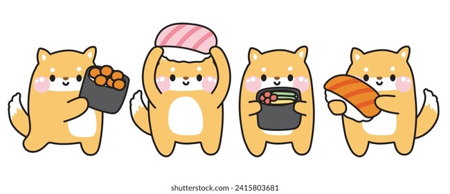 Juego de lindos perros shiba inu con social en varias poses sobre fondo blanco. Colección de dibujos animados de personajes de animales de compañía japoneses. Comida asiática aislada. Kawaii.Vector.Ilustración.