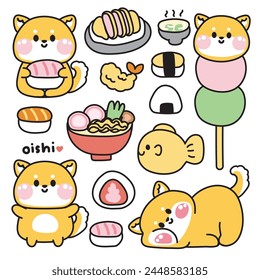 Set of cute shiba inu dog various poses in japanese food and dessert concept.Pet animal character cartoon design.Sushi,ramen,tonkatsu,dango,taiyaki drawn.Kid graphic.Kawaii.Vector.Illustration.