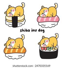 Set of cute shiba inu dog lay on sushi.Japanese pet animal character cartoon design.Japanese food collection.Kawaii.Vector.Illustration.