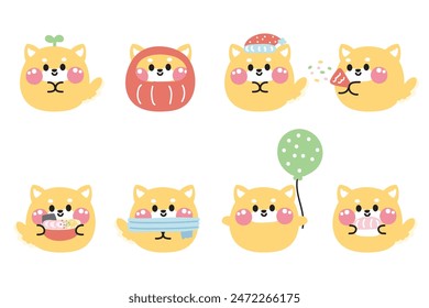 Set of cute shiba inu dog round shape pastel in various poses on white background.Japanese pet animal character cartoon design collection.Kawaii.Vector.illustration.