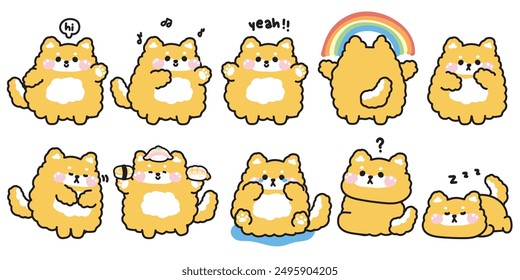 Set of cute shiba inu dog doll in various poses and feeling.Emotional.Greeting,cry,thank you,dancing,rainbow.Japanese pet animal character cartoon design.Image for card,poster,baby product.Kawaii.