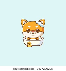 Conjunto lindo shiba inu perro baño tiempo en bañera kawaii chibi personaje mascota ilustración esquema estilo diseño