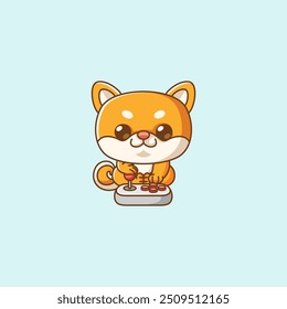 set Niedlich shiba inu Hund Gamer Spielen Spiel mit Joystick kawaii chibi Charakter Maskottchen Illustration Stil Design