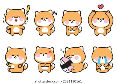 Set of cute shiba inu dog in various feeling and poses.Emotional.Japanese pet animal character cartoon design.Image for card,sticker,decorated,baby product.Kawaii.Vector.Illustration.