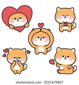 Conjunto de lindo perro shiba inu en concepto de amor. Corazón. Valentines. Diseño de dibujos animados de personajes de animales de mascota japonesa. Imagen para tarjeta, pegatina, decoración. Gráfico de bebé. Kawaii. Vector. Ilustración.