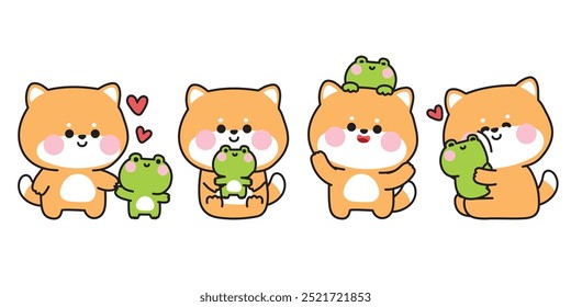 Conjunto de lindo perro shiba inu con rana en varias poses. Amistad. Amor. Mascota japonesa y reptil animal. Diseño de dibujos animados de personajes. Kawaii. Vector. Ilustración.