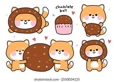 Set of cute shiba inu dog with chocolate ball sugar candy.Bakery and sweet hand drawn.Japanese pet animal character cartoon design.Image for card,sticker,baby clothing.Kawaii.Vector.Illustration.