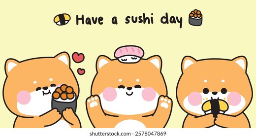 Set of cute shiba inu dog with sushi is japanese food in various poses.Pet animal cartoon.Image for card,sticker,baby clothing,print screen.Kawaii.Vector.Illustration.