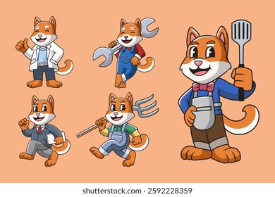 Set of Cute Shiba Inu Dog Profession Pose Mascot Cartoon Character Illustration