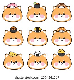 Set of cute shiba inu face head with various sushi.Japanese food and pet.Animal character cartoon design.Kawaii.Vector.illustration.