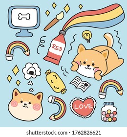 Set of cute shiba inu hand drawn.Relax and holiday concept.Animal doodle.Japanese dog.Image for sticker,baby product,card,poster.Kawaii.Vector.Illustration.